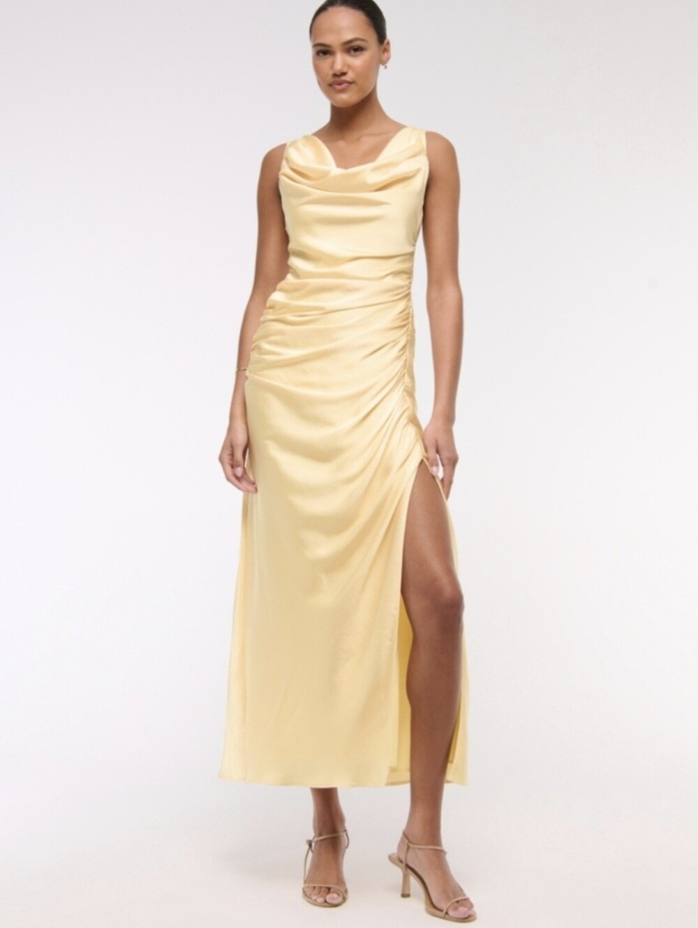 Abercrombie & Fitch Satin Cowl Neck Maxi Dress in Pale Yellow